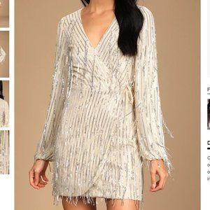 Lulu's Puttin' on the Glitz Silver Sequin Fringe Long Sleeve Wrap Dress